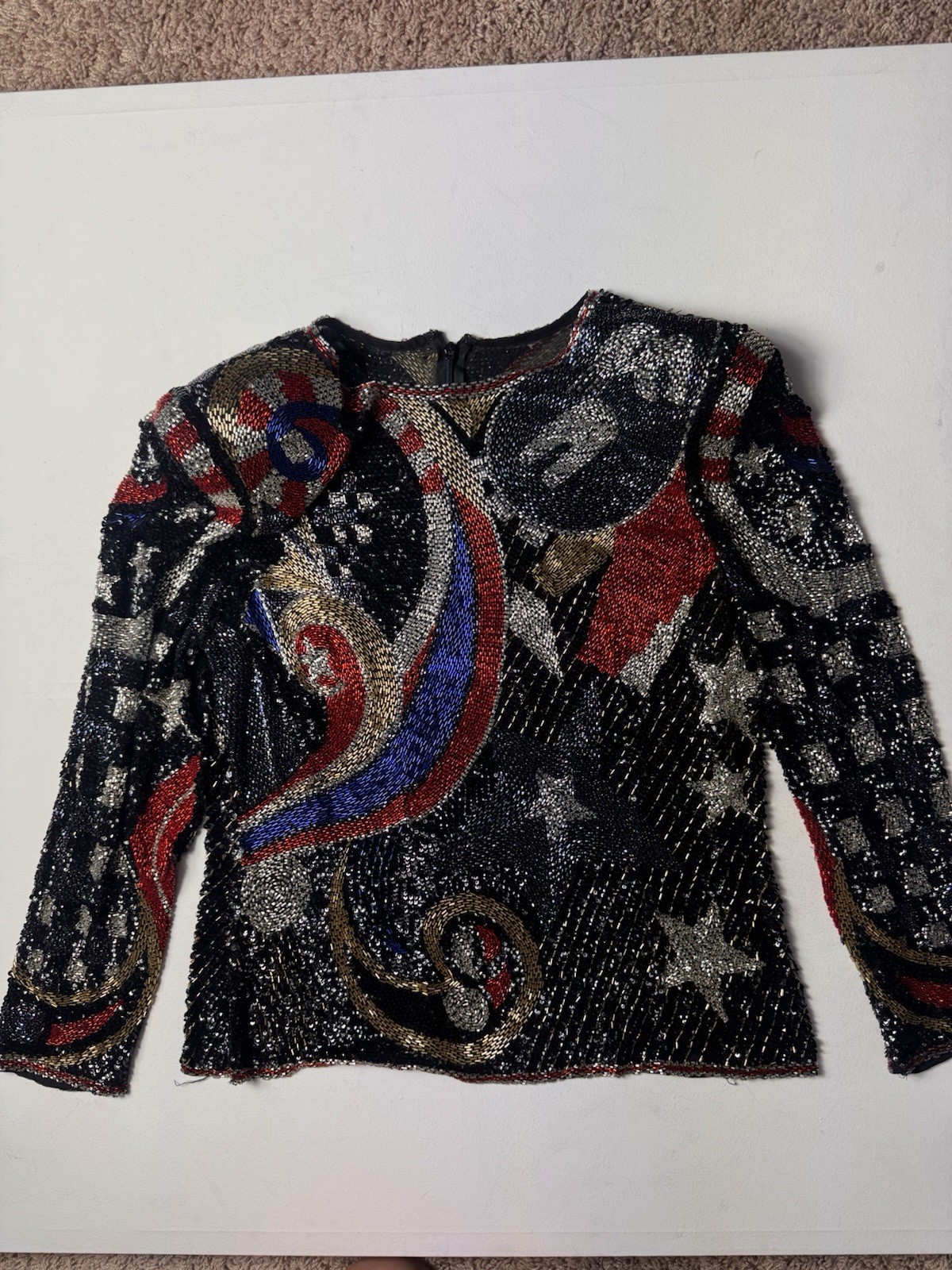 Vintage 80s Beaded Sequin Top Small Abstract Celestial Statement Shoulder Pads