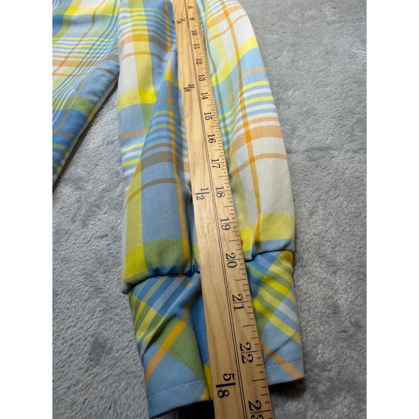 Vintage 70s Plaid Dagger Collar Button Down Blouse Blue Yellow Orange Size 14