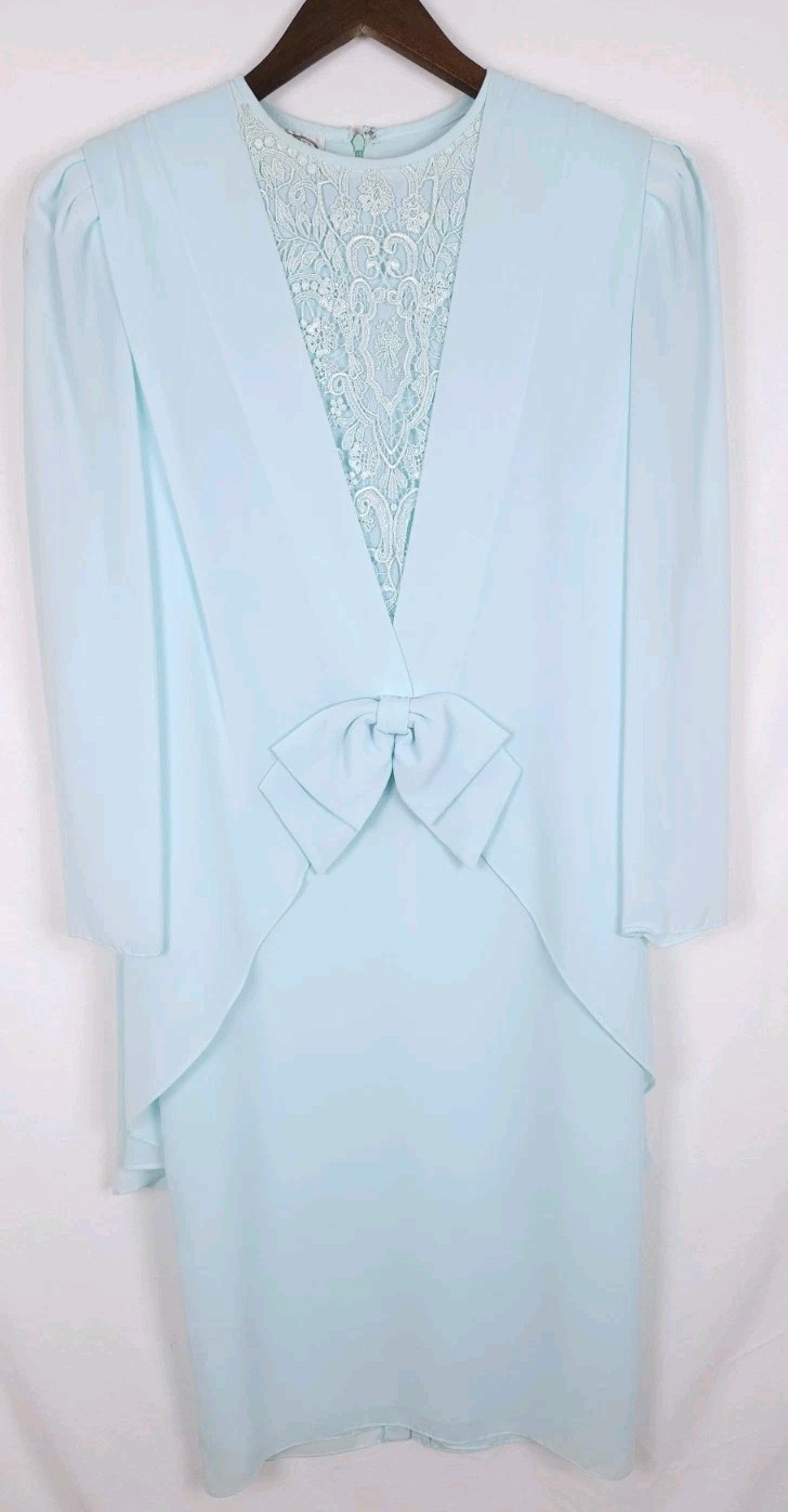 Vintage Liz Roberts Size 12 Blue Embroidered Lace Bow Long Sleeve Dress MOTB