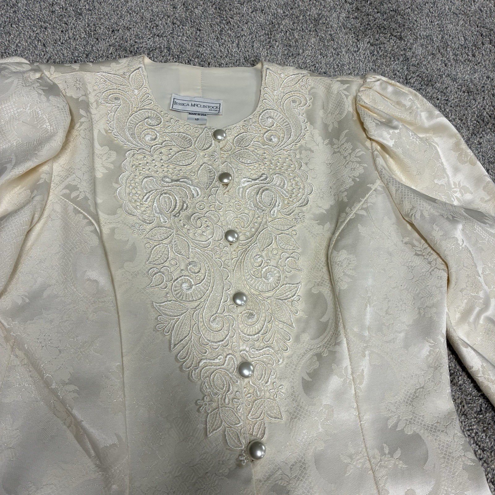 VTG Jessica McClintock Bridal Suit Sz 12 Ivory Peplum Jacket Jacquard Lace 80’s