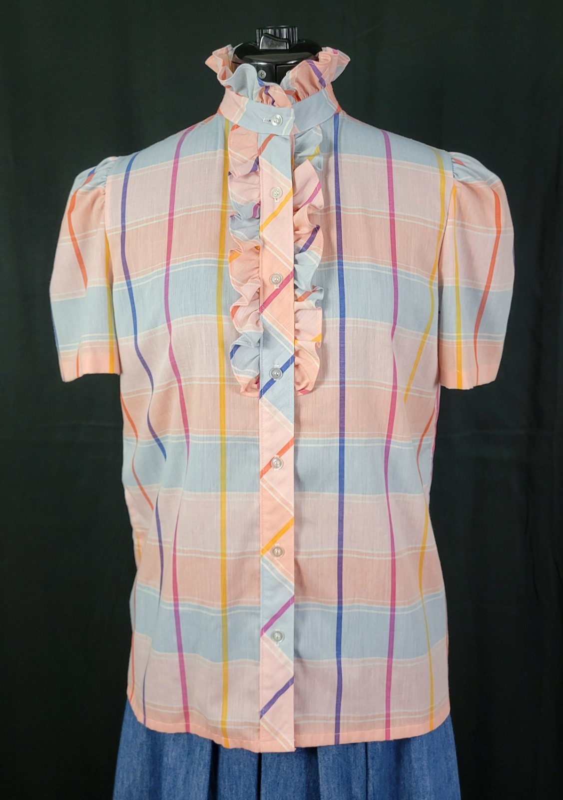 Vtg Lucky Winner Peach/Blue/Pink/Purple Plaid Top w Ruffled Collar Size 11/12