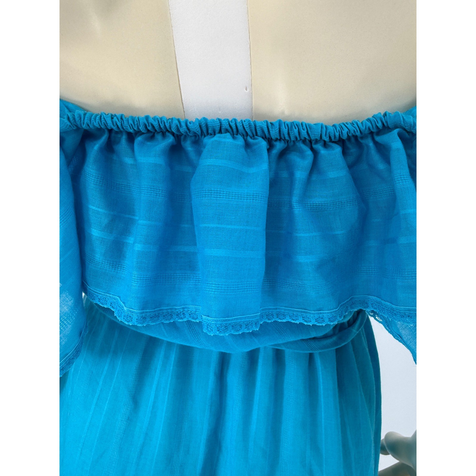 1970s Blue Off Shoulder Prairie Dress Cottagecore Boho Gauze Small