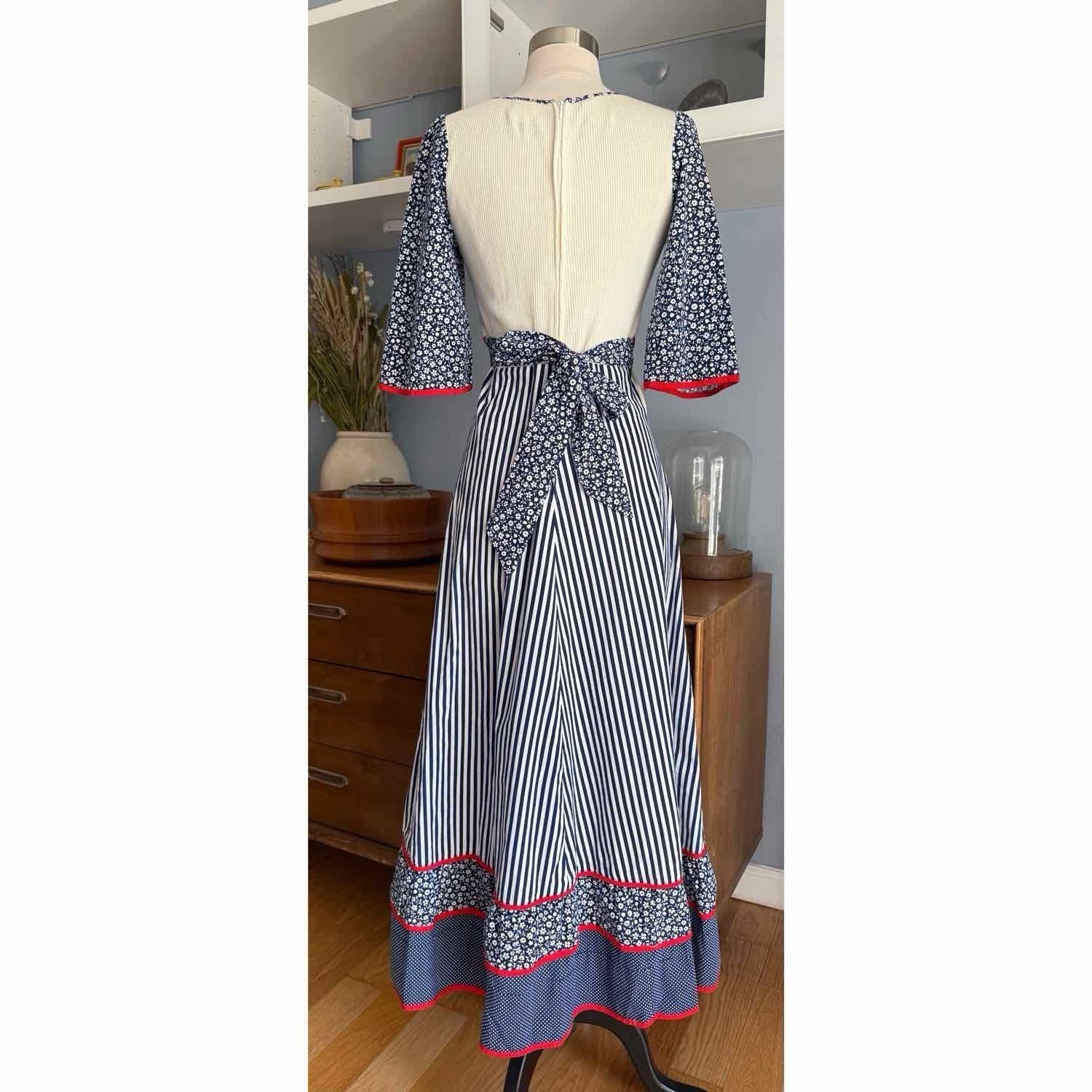 Vtg 70s Maxi Dress XS/S Prairie Floral Striped Dots Cotton Cottagecore Boho