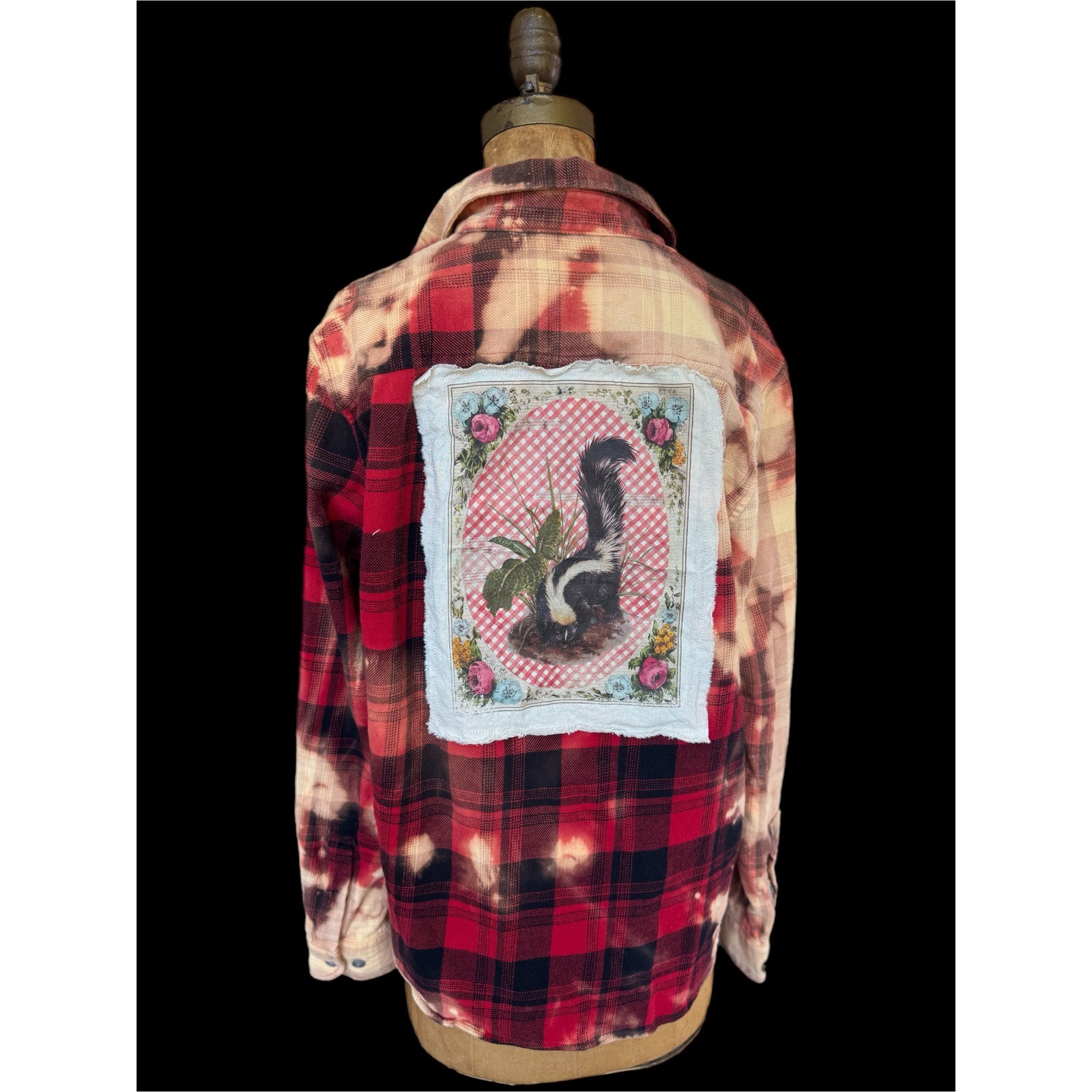 Vintage Skunk Upcycled Bleached Flannel Shirt Folk Art Medium