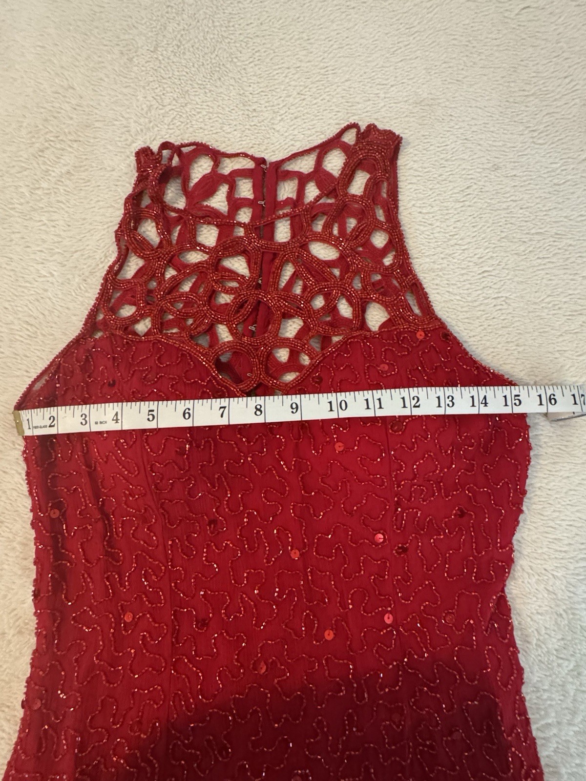 Sean Collection Vintage 90s Red Sequin Silk Gown Beaded Cage Back Formal L