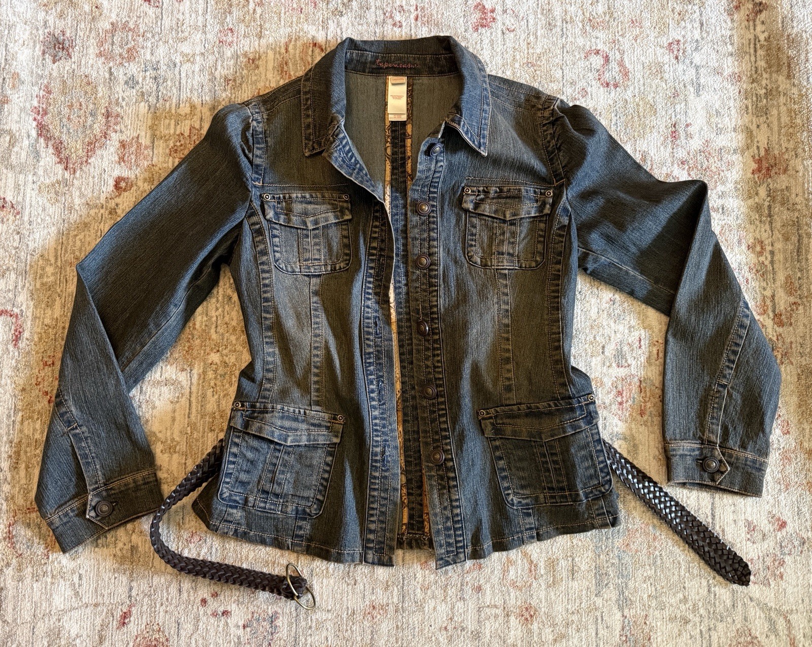 Vintage TapeMeasure Denim Jacket Belted Stretchy Blue Brown Pockets Women 10 EUC