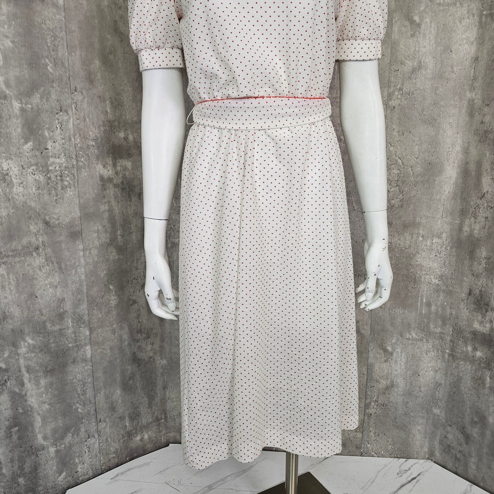 Vintage Sheer Crepe Nylon Red Polka Dot Puff Sleeve Cottagecore Prairie Dress