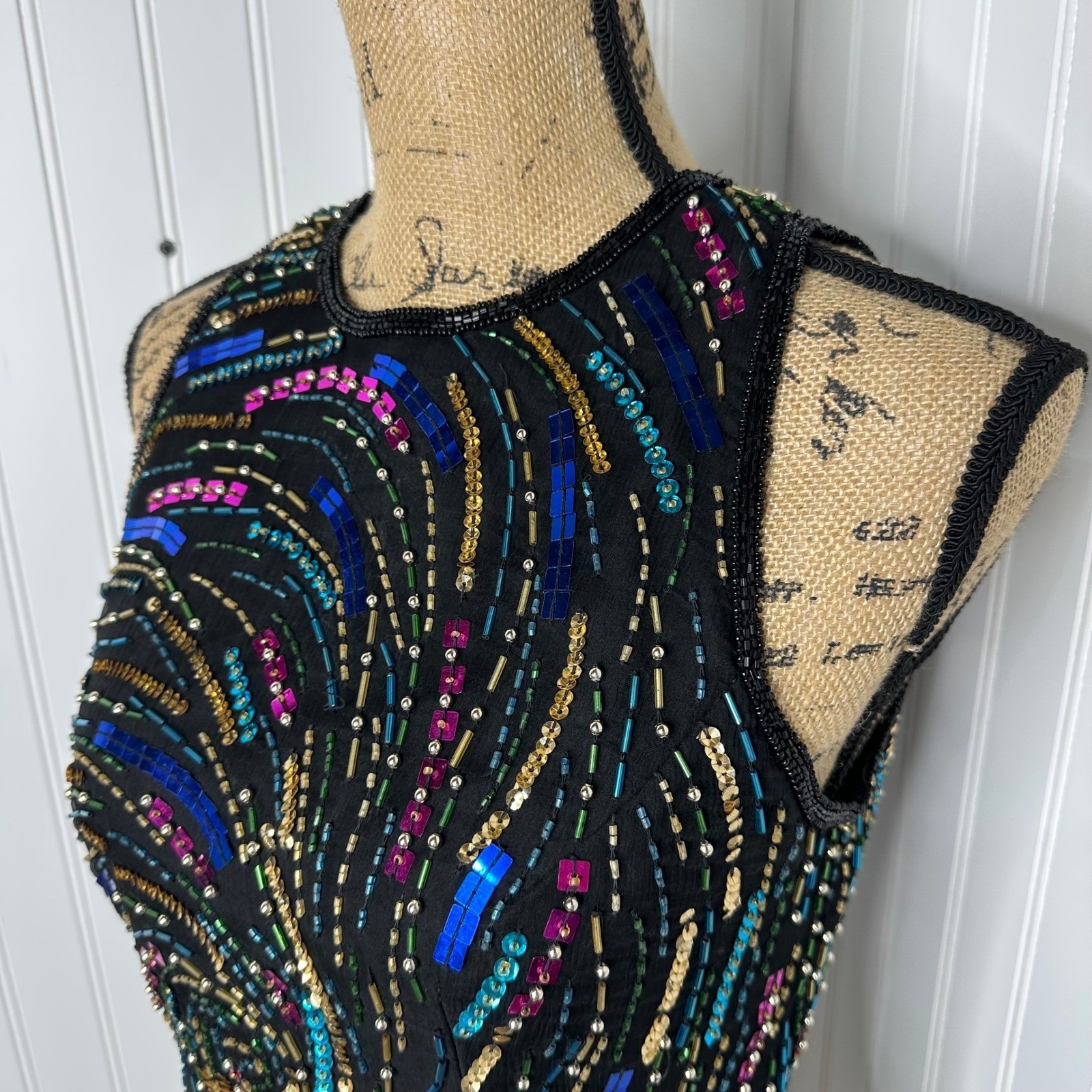 Laurence Kazar Black Silk Beaded Sequin Swirl Sleeveless Top Vintage Glam Sz M
