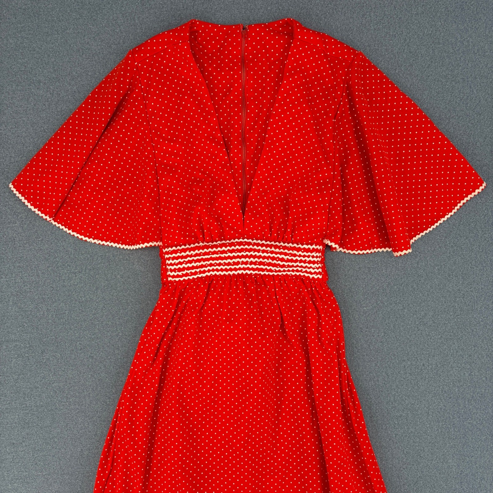 Vintage 70s ILGWU Red Polka Dot Flutter Sleeve Maxi Dress Rick Rack Trim Small S