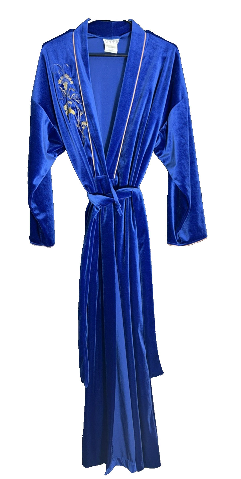 Vintage APPEL M Royal Blue Robe Plush Velour/Velvet Wrap Style Belt Floral Trim