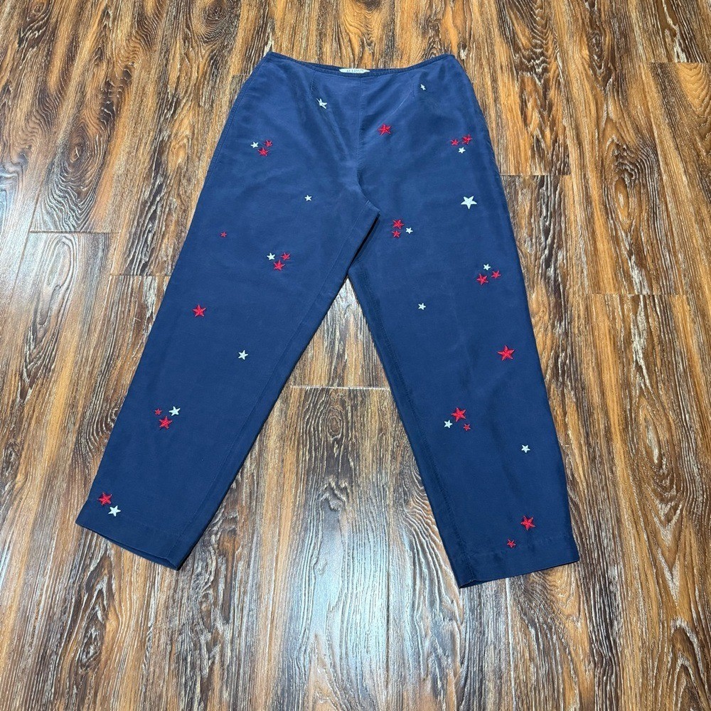 Vintage Allison Taylor Navy 100% Silk Pants Red White Star Embroidery Size 12 L