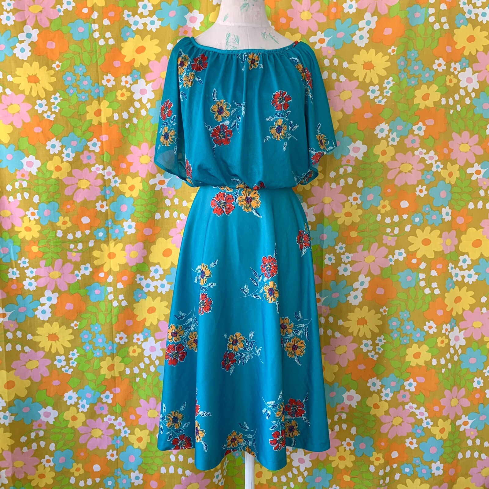 vintage 70s teal floral dress XS/S