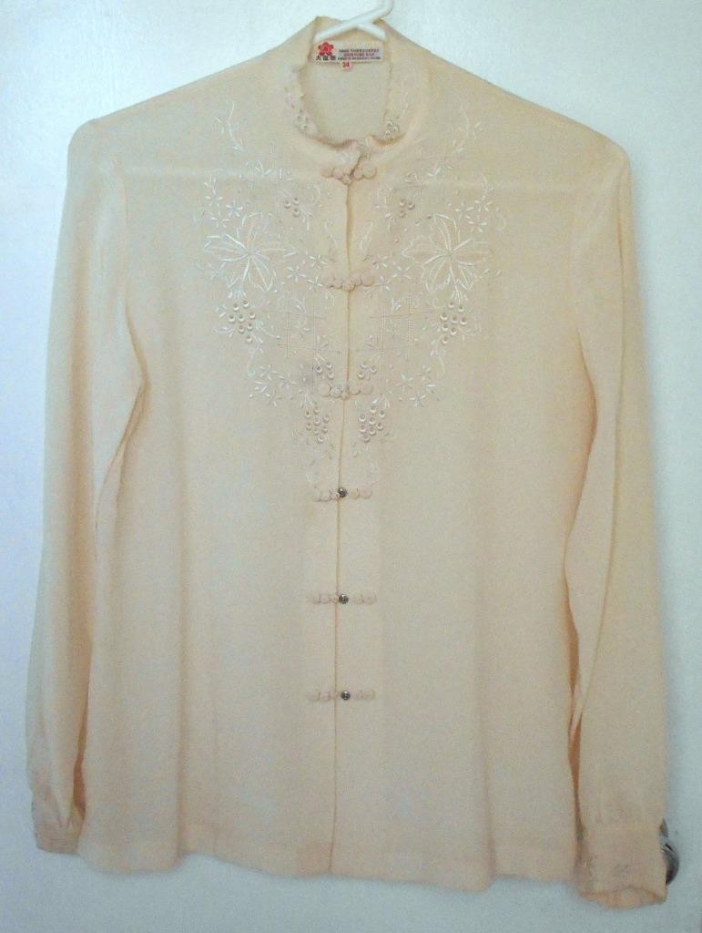 Vintage Cream Embroidered Silk Blouse Frog Button Mandarin Collar 34