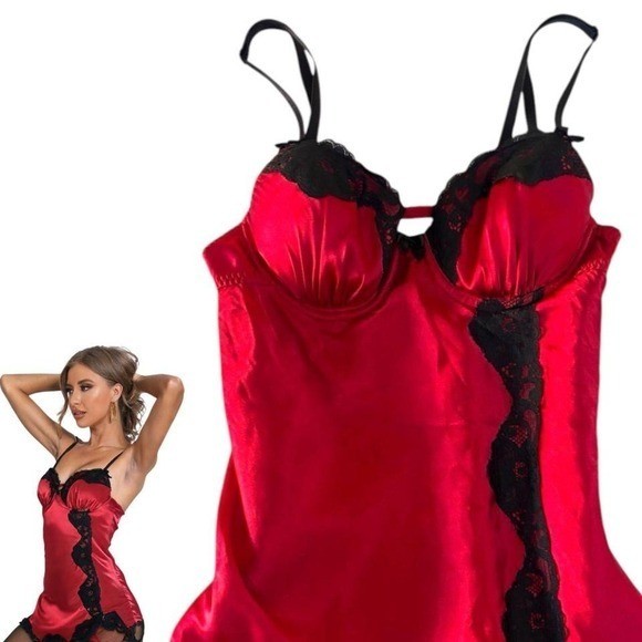 y2k vintage RED BLACK LACE TRIM BABY DOLL CAMI TOP XSMALL SMALL EUC.