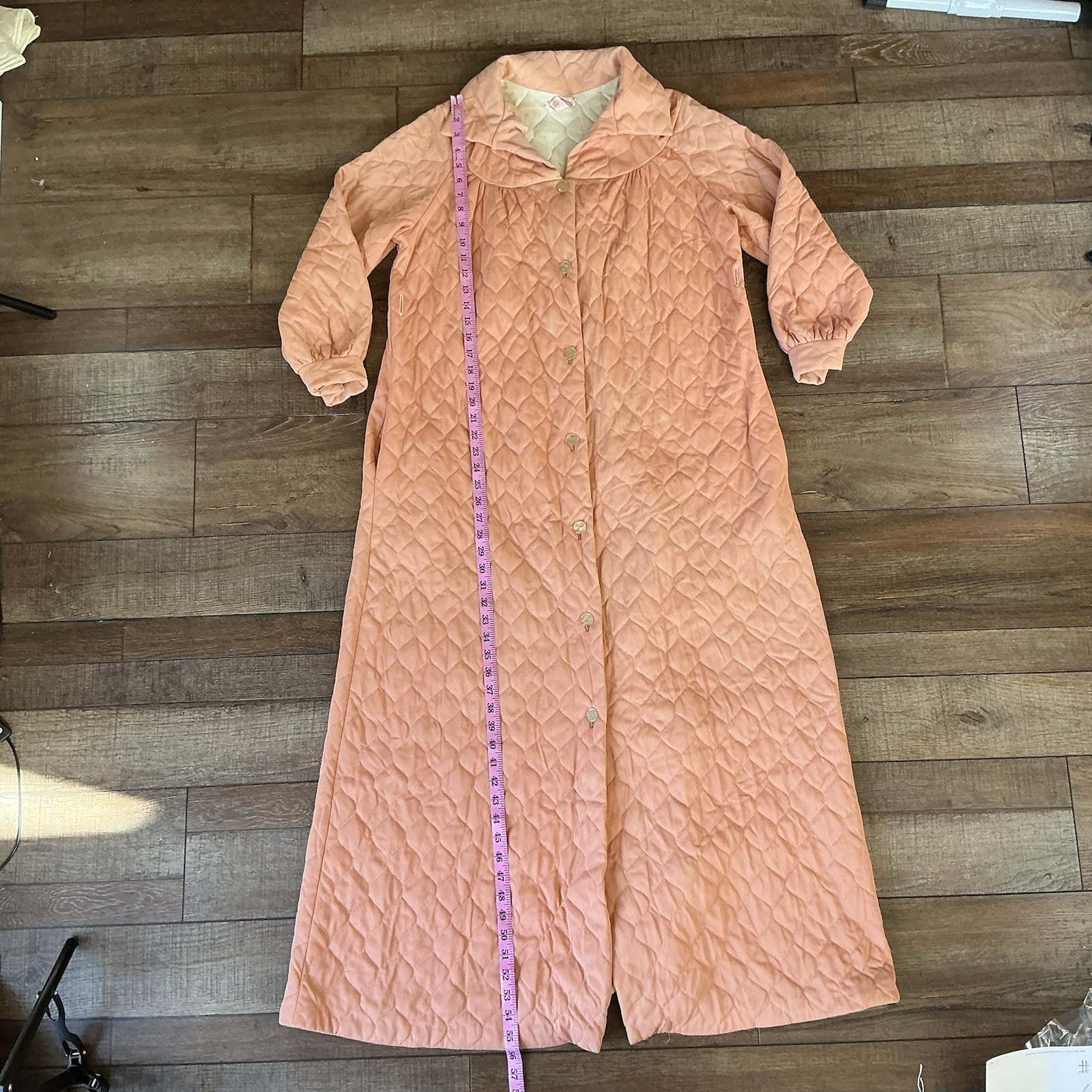 70s VTG Paulette Quilted Robe Housecoat Peach Long Button Front Size 18 #17C8