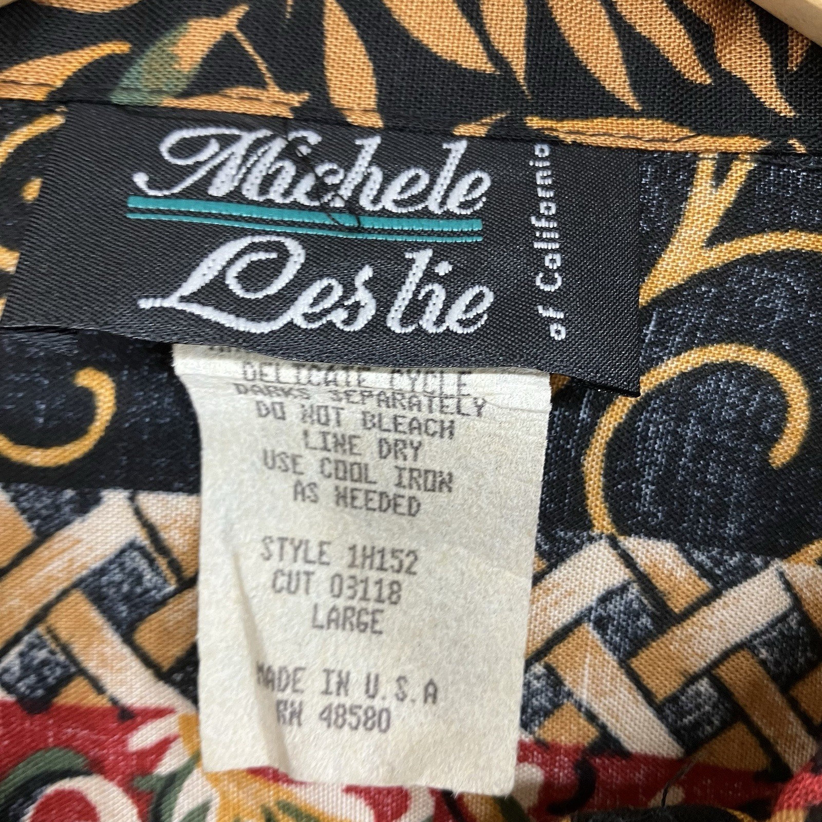 Vintage Women’s Rayon Top Large 80s 90s Designer AOP Floral Hibiscus Gold Button