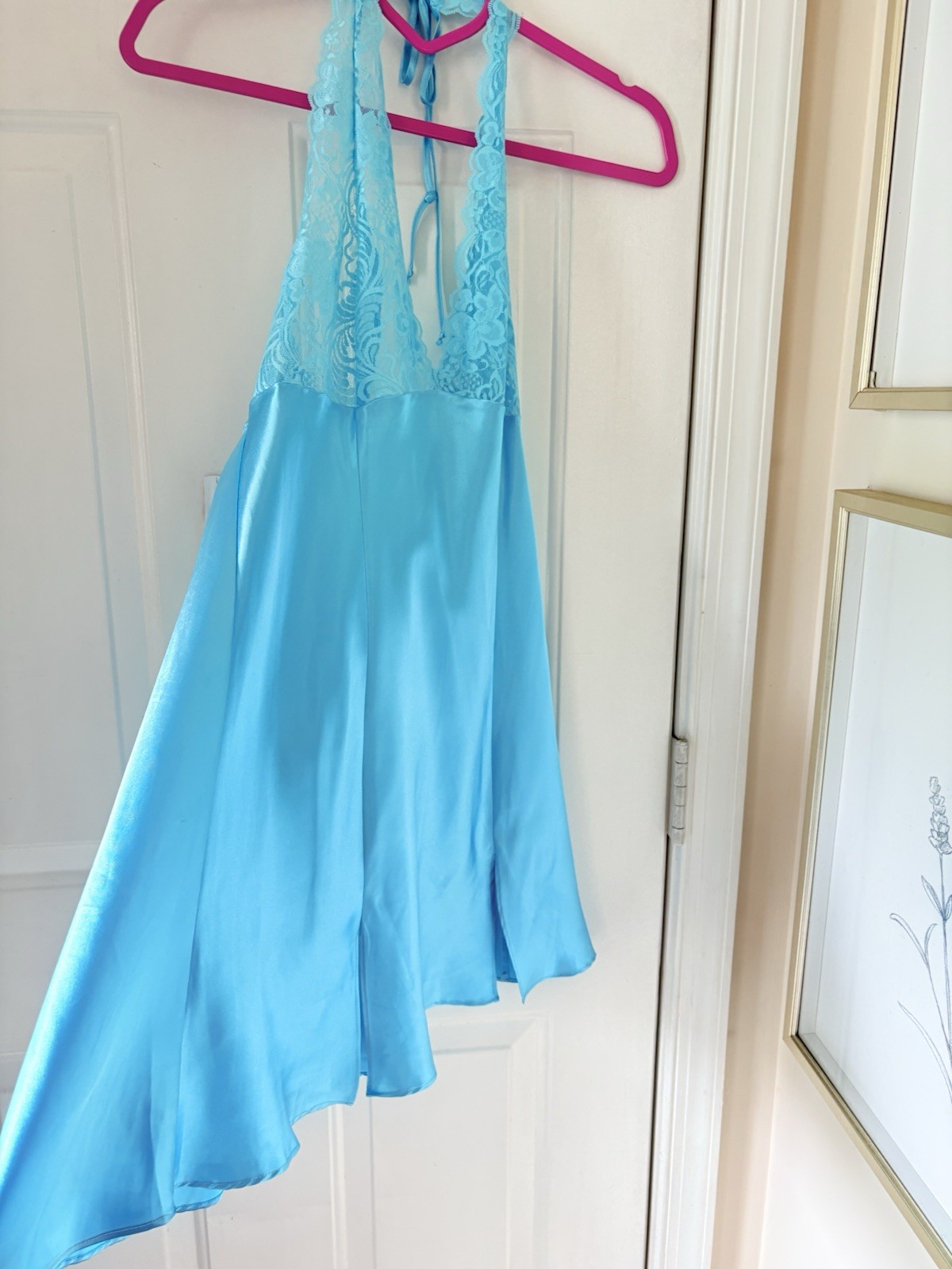 VTG Frederick’s of Hollywood Blue Satin Lace Dress Lingerie Size L Sexy Backless