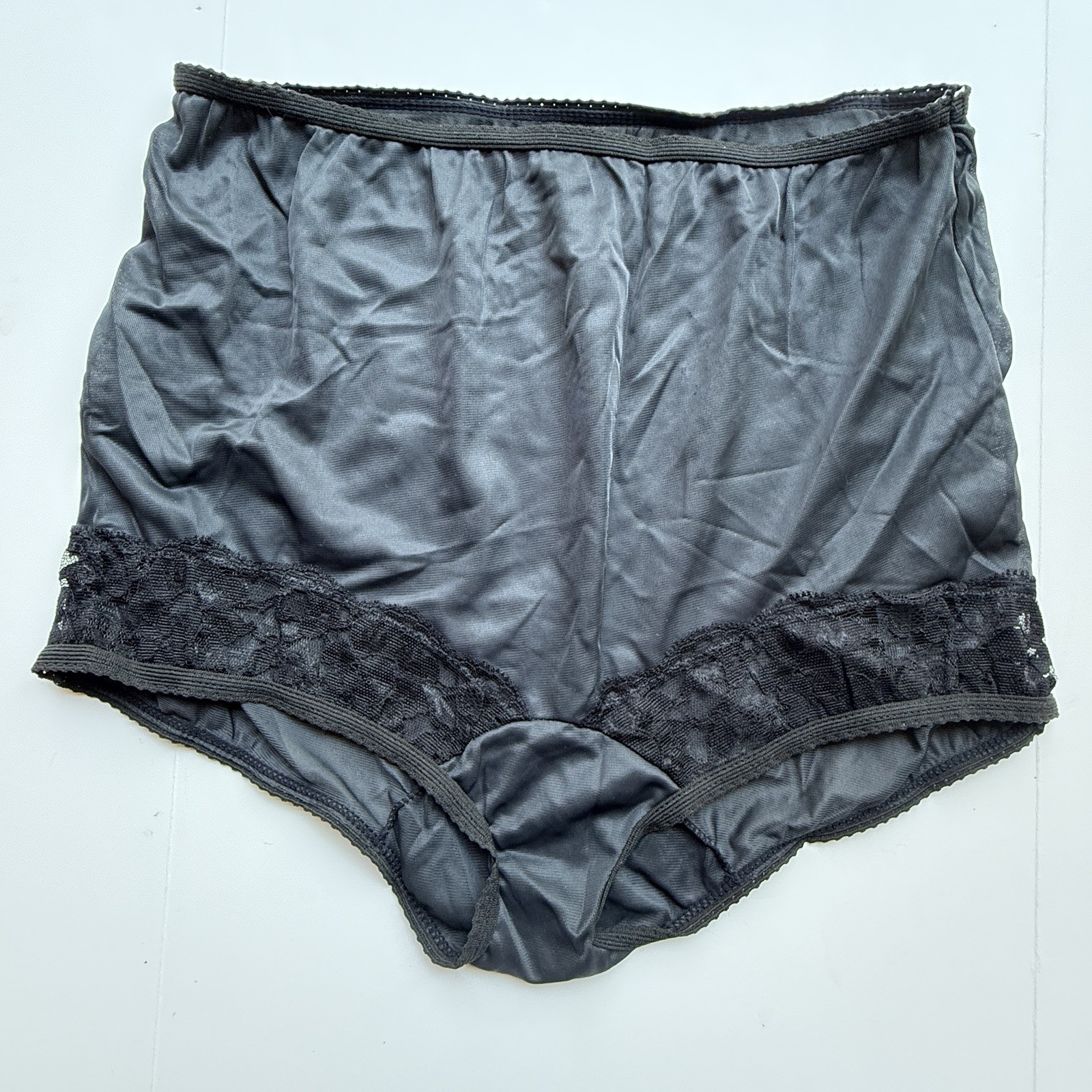 VTG All Nylon & Lace Black Panties SZ 7 Granny Brief AMBER LINGERIE Comp Sissy