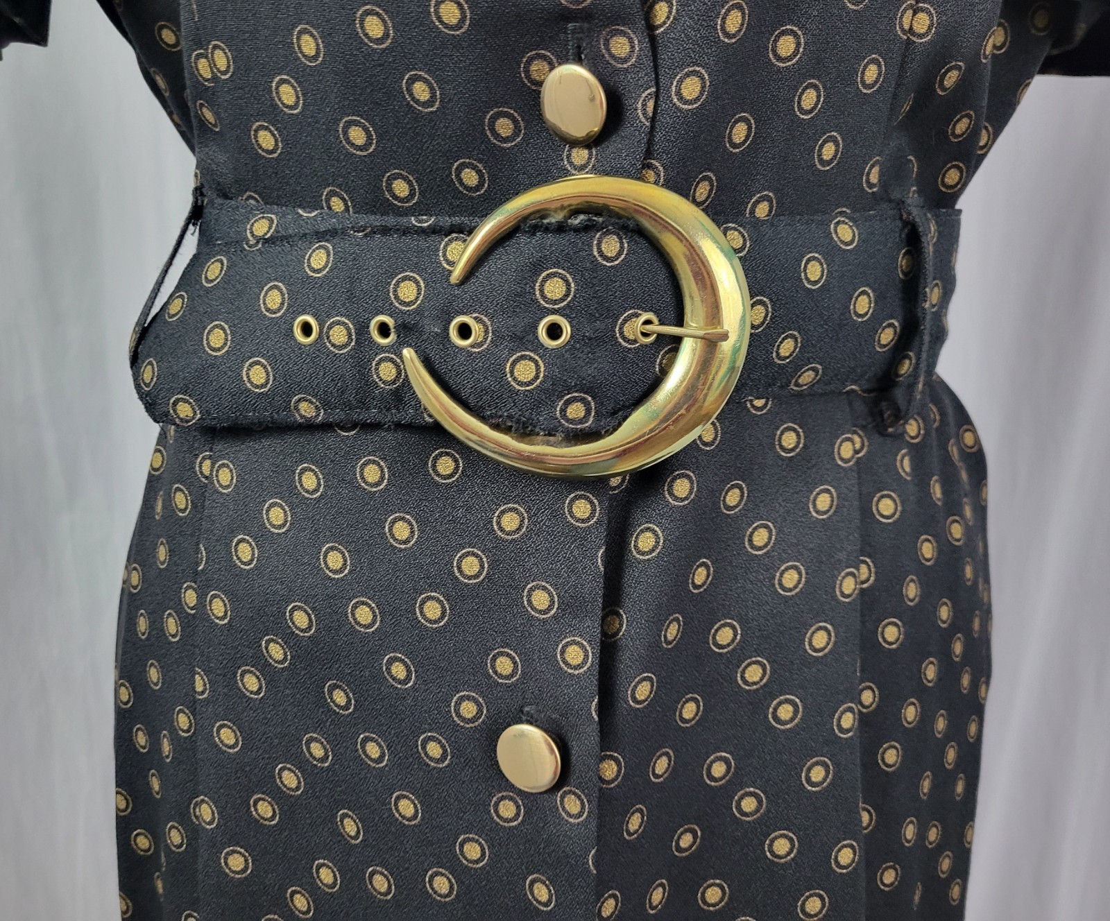 Vtg Whirlaway Frocks Black Sheath Dress w Gold Pattern, Belt & Dickey Size 14