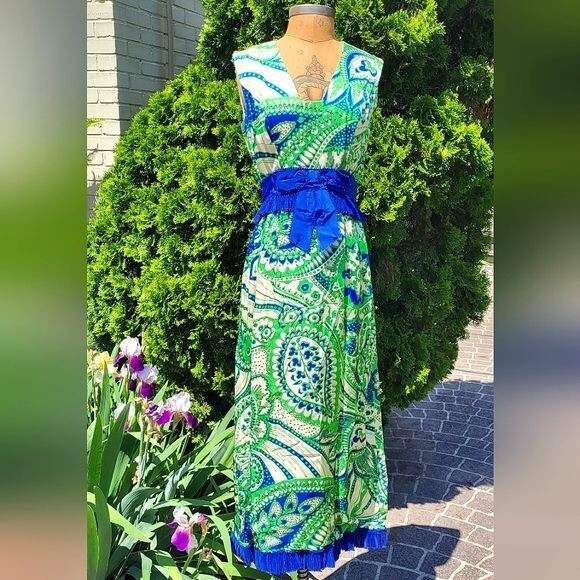 Vintage Mod Print Maxi Dress Green and Blue Handmade