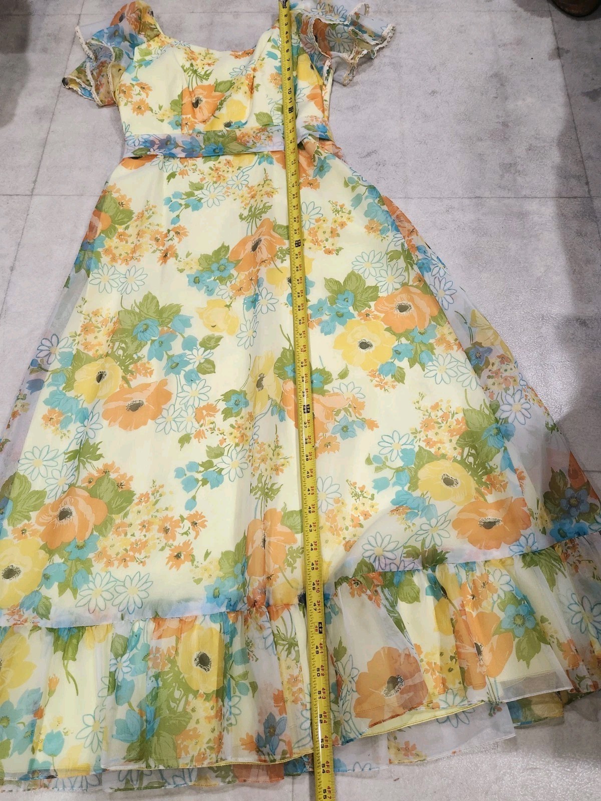 Vtg Wm’s 70s Yellow Floral Maxi Dress*Sheer Flutter Sleeve*Lg-photo Measurements