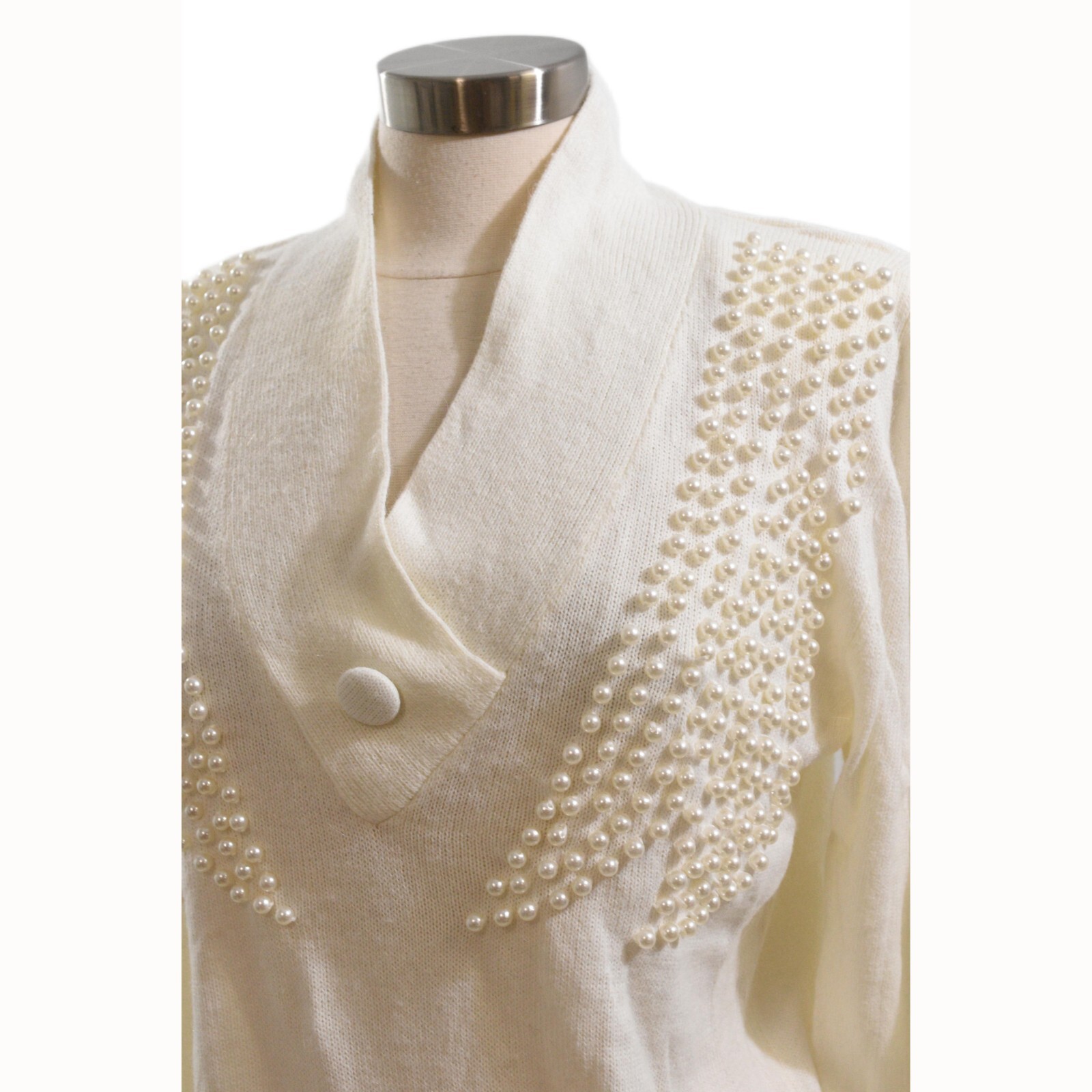 70s Vintage Ivory Pearl Embellished Sweater Womens M Shawl Collar Art Deco