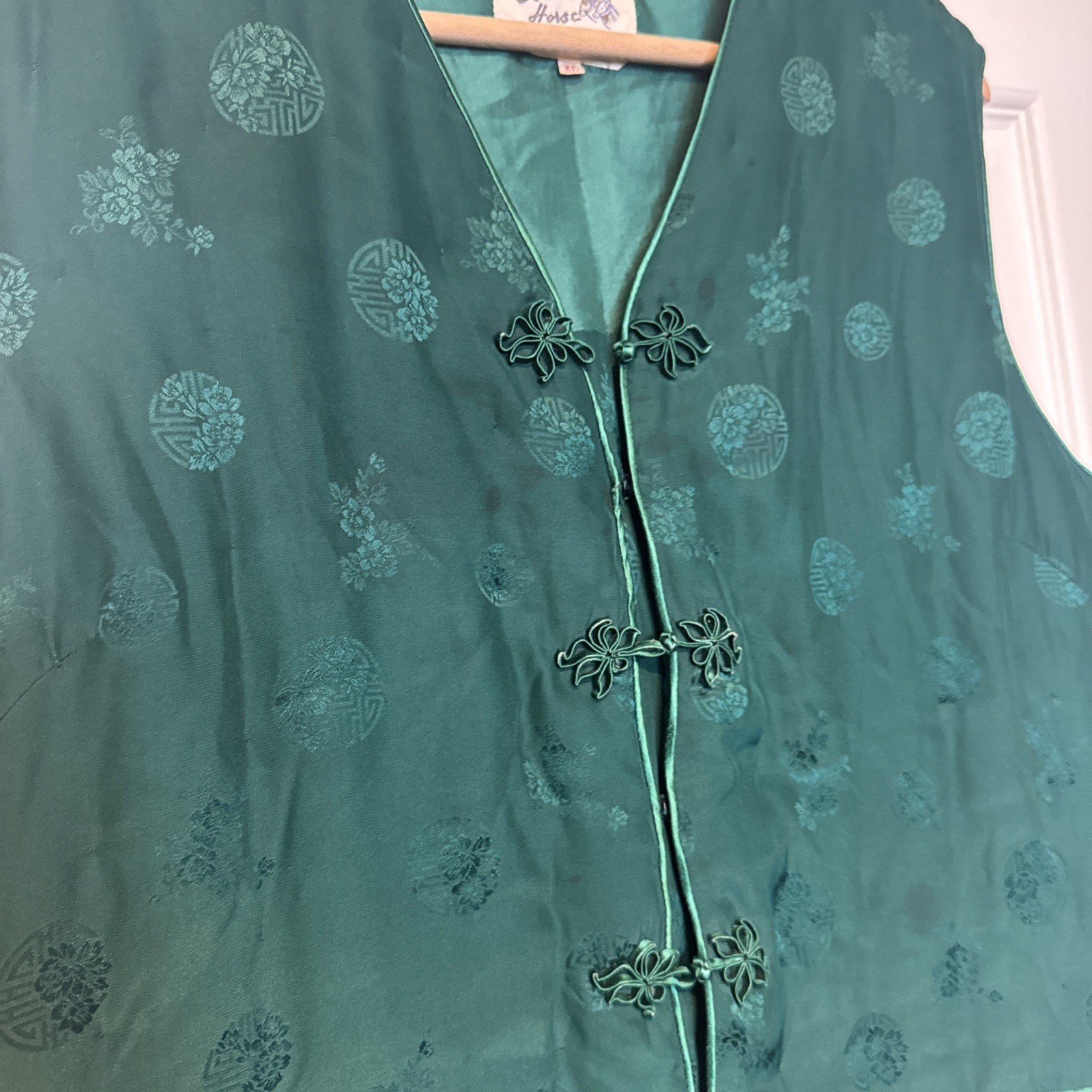 Vintage Double Horse Emerald Green Pure Silk Lined Asian Inspired Vest-Women XL
