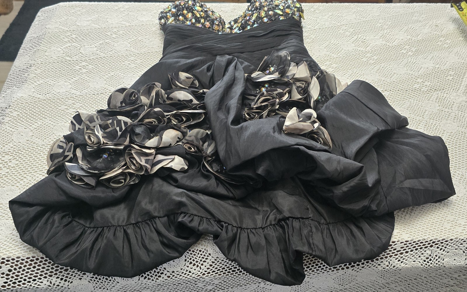 Jovani Black Mini Dress Aurora Borealis Rhinestone Sweetheart Rosette Bubble Hem