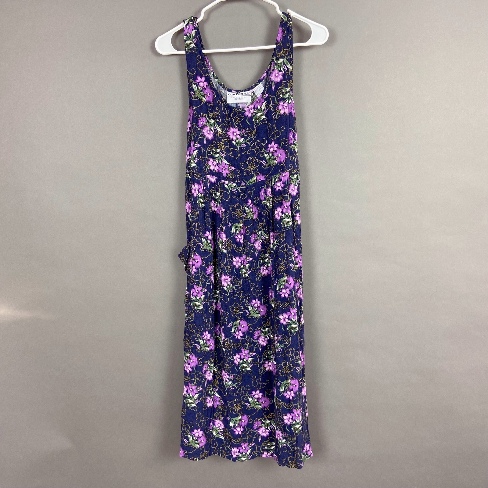 Vintage Caroline Wells Maternity Purple Floral Boho Sleeveless Dress Medium