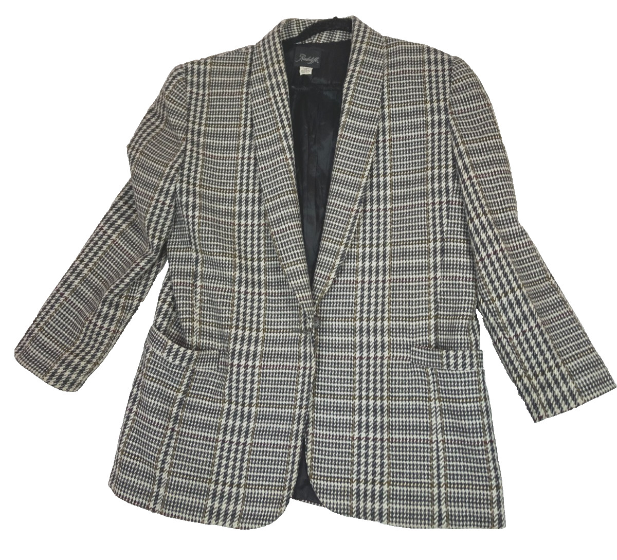 Vintage 1990’s RADCLIFFE Size 16 Wool Blend Black White Red Houndstooth Blazer
