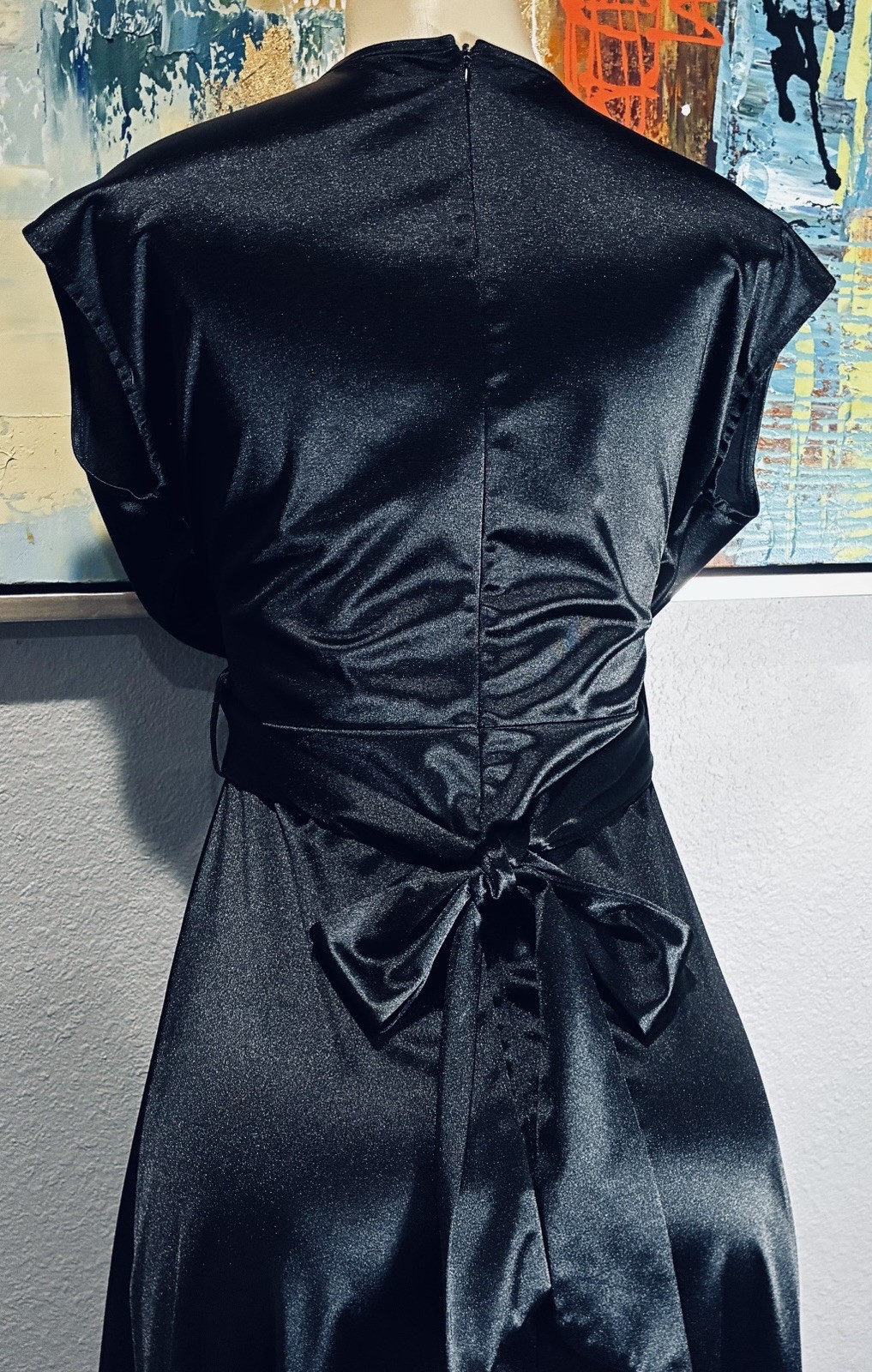 Vtg Black Shiny Spandex Wrap Front Long Dress S