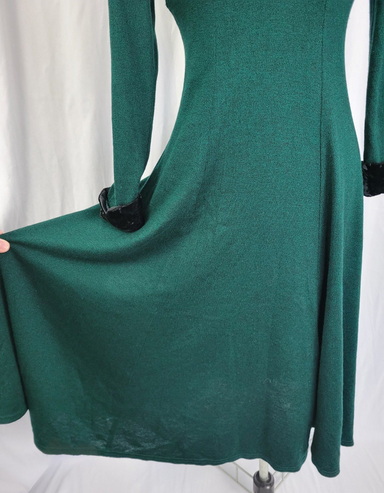 Vintage JSJ Petites Green & Black Empire Dress w Black Velvet Accents Size 8