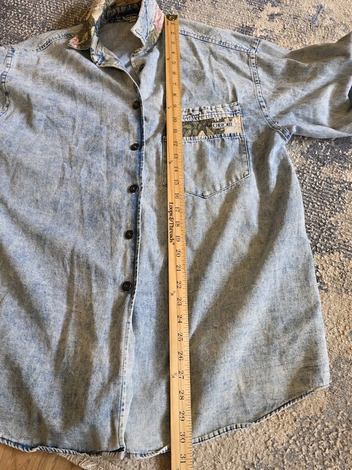 Vintage Cherokee Denim Shirt Size 8 Womens Acid Wash Tapestry Button Down 80s