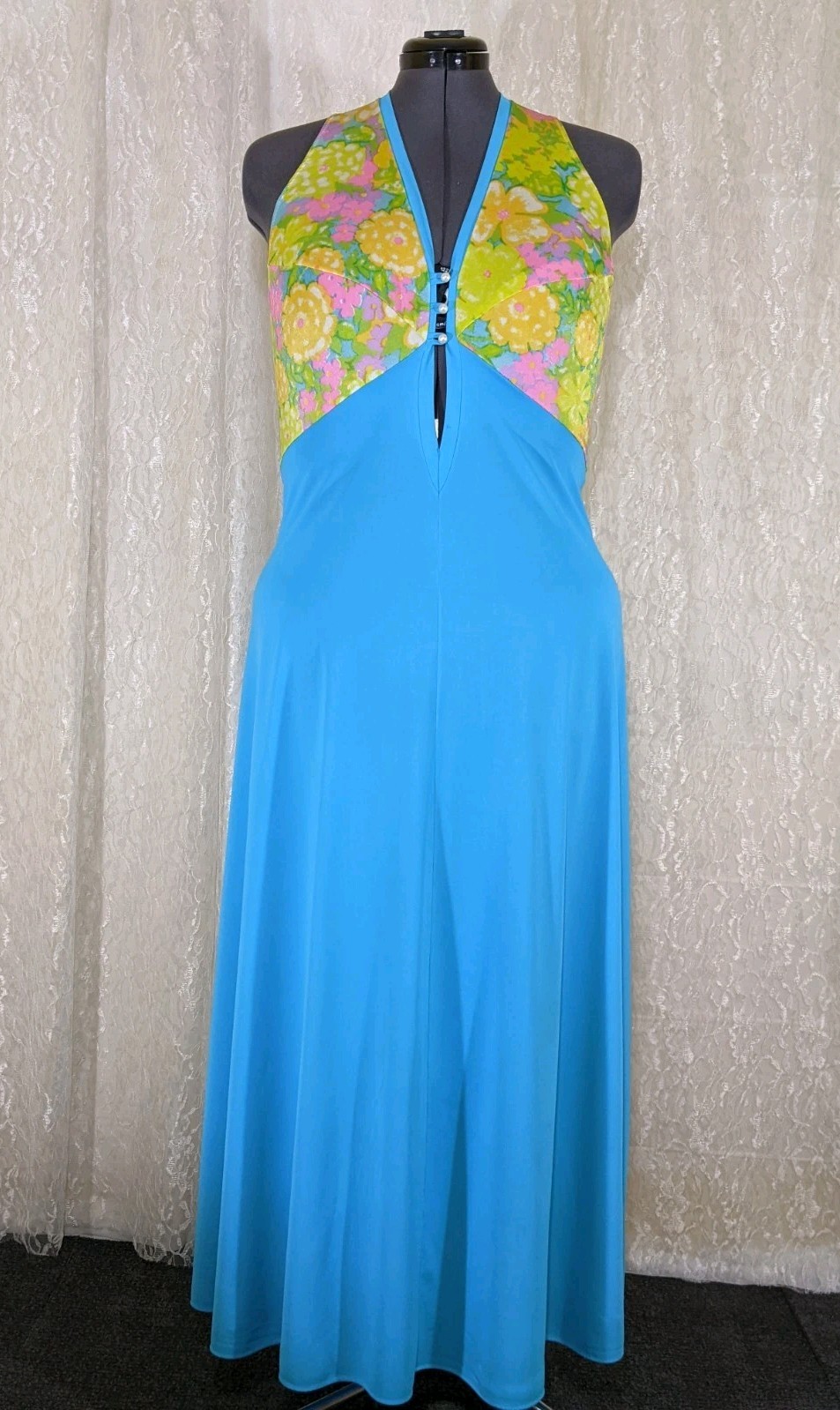 Vintage Olga Lingerie Slip Dress Nightgown Pearl Buttons Blue Multicolor XL/2X