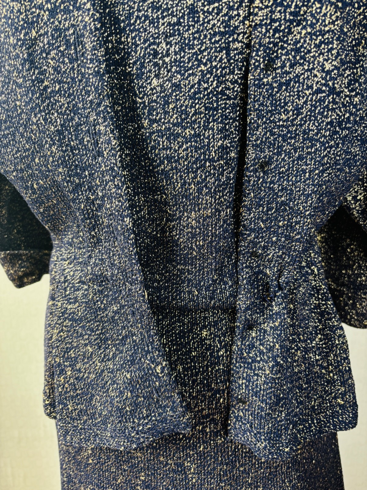 VTG 50’S HAND KNIT FULL CIRCLE SKIRT CROCHET DRESS BLUE&METALLIC GOLD DRESS*S/M