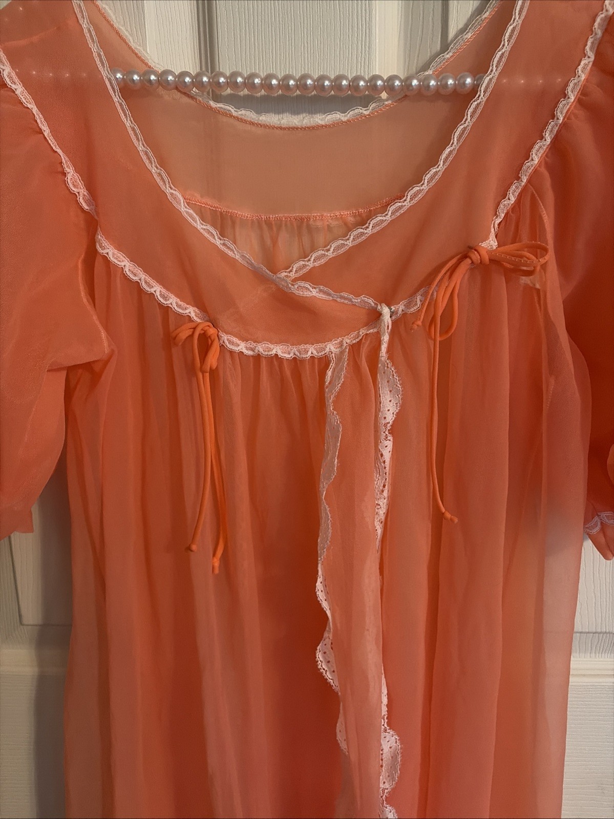 Vtg LISETTE Lingerie Sheer Nylon Chiffon Peignoir Robe Small Coral