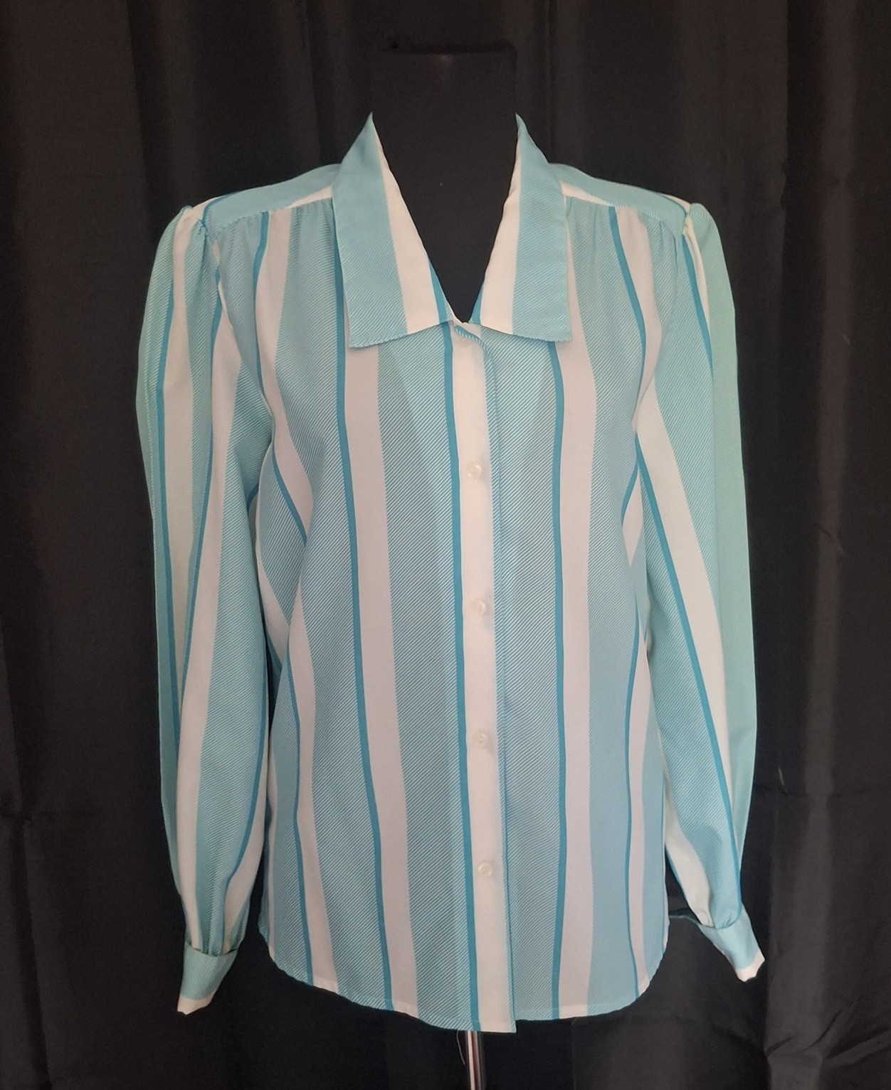 Vtg Lady Manhattan Blouse Long puff sleeves french cuffs Button up striped Sz 8
