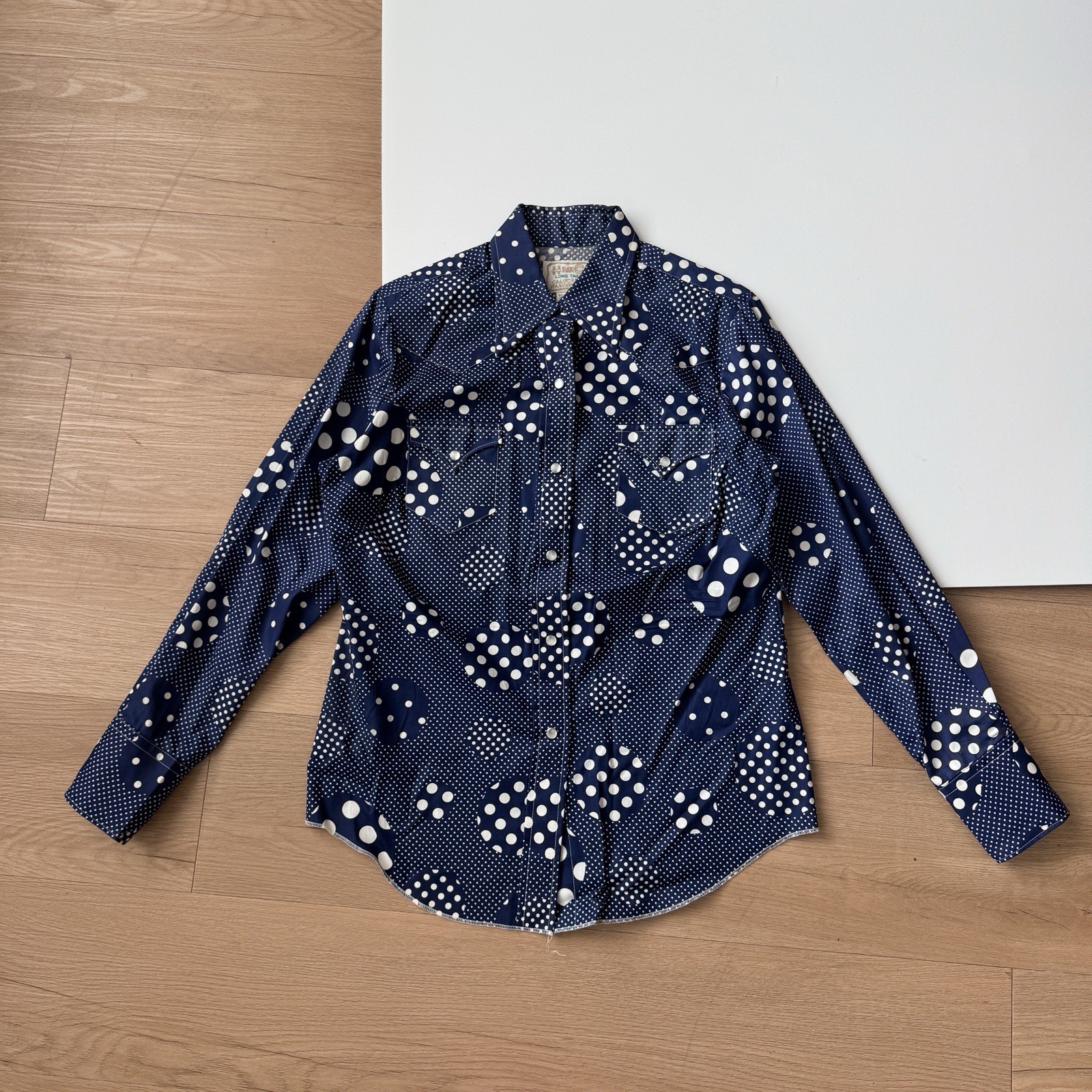 Vintage H Bar C California Ranchwear Navy Polka Dot Western Pearl Snap Small