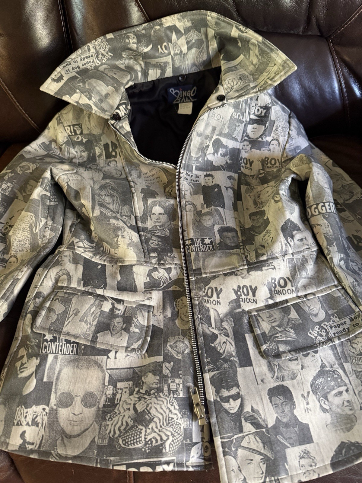 RARE! Vintage 1990s Vinyl Boy George Tabloid Novelty Jacket! Ladies Sm/ Youth Xl