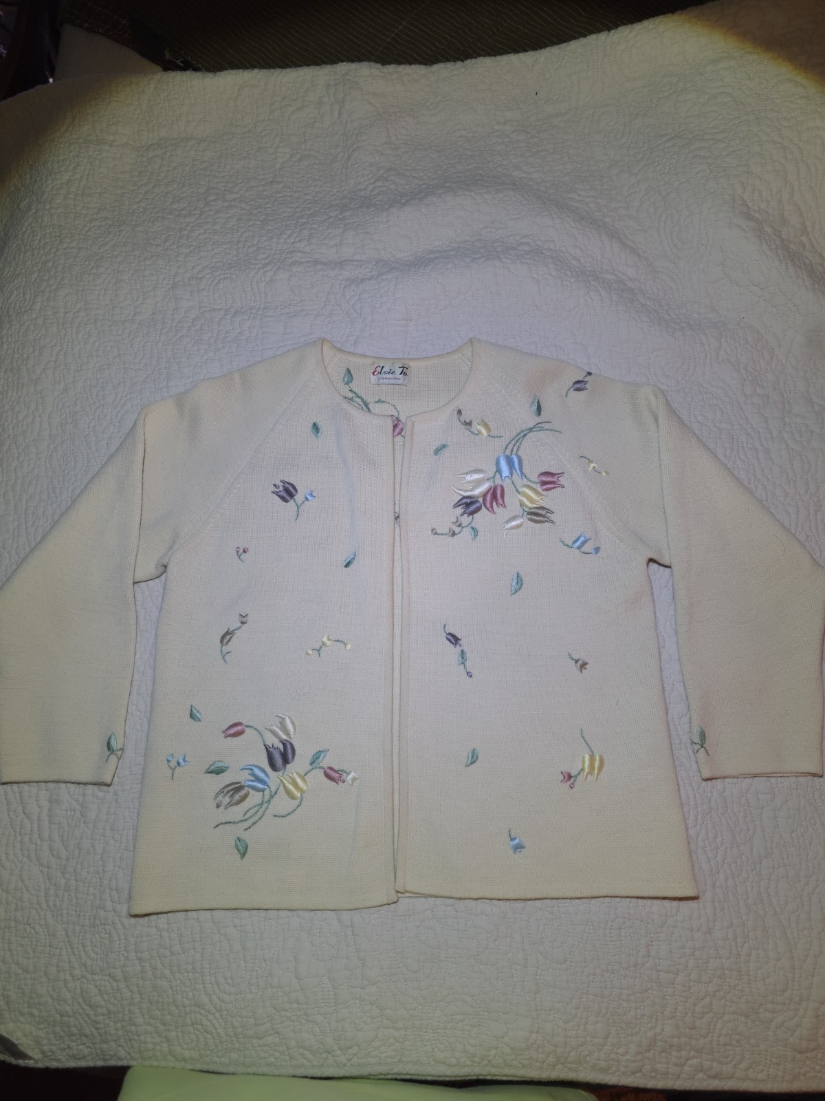 Vintage Elsie Tu Open Front Knit Spring Tea Cardigan 3D Look Embroidery
