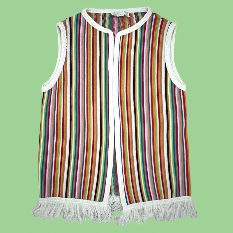 Vintage 1970s Lane Bryant Boho Knit Rainbow Hippie Vest Fringe