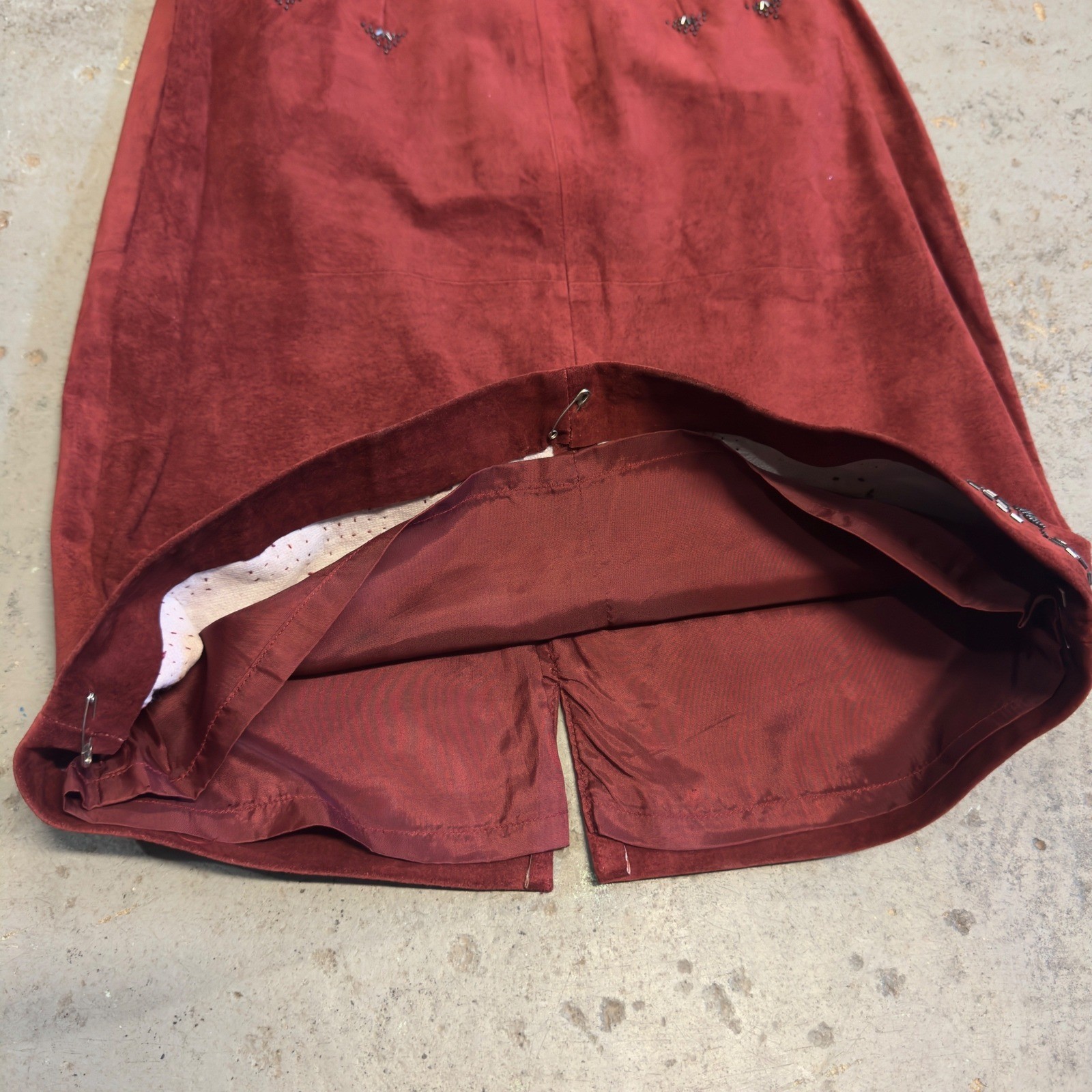 Pia Rucci Vintage Red Suede Leather Beaded Pencil Skirt Size 10 Rust Boho Midi