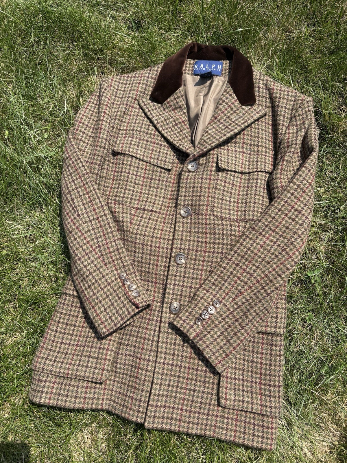 Vintage Ralph Lauren Womens Brown Plaid Wool Tweed Blazer/Jacket • Size 8