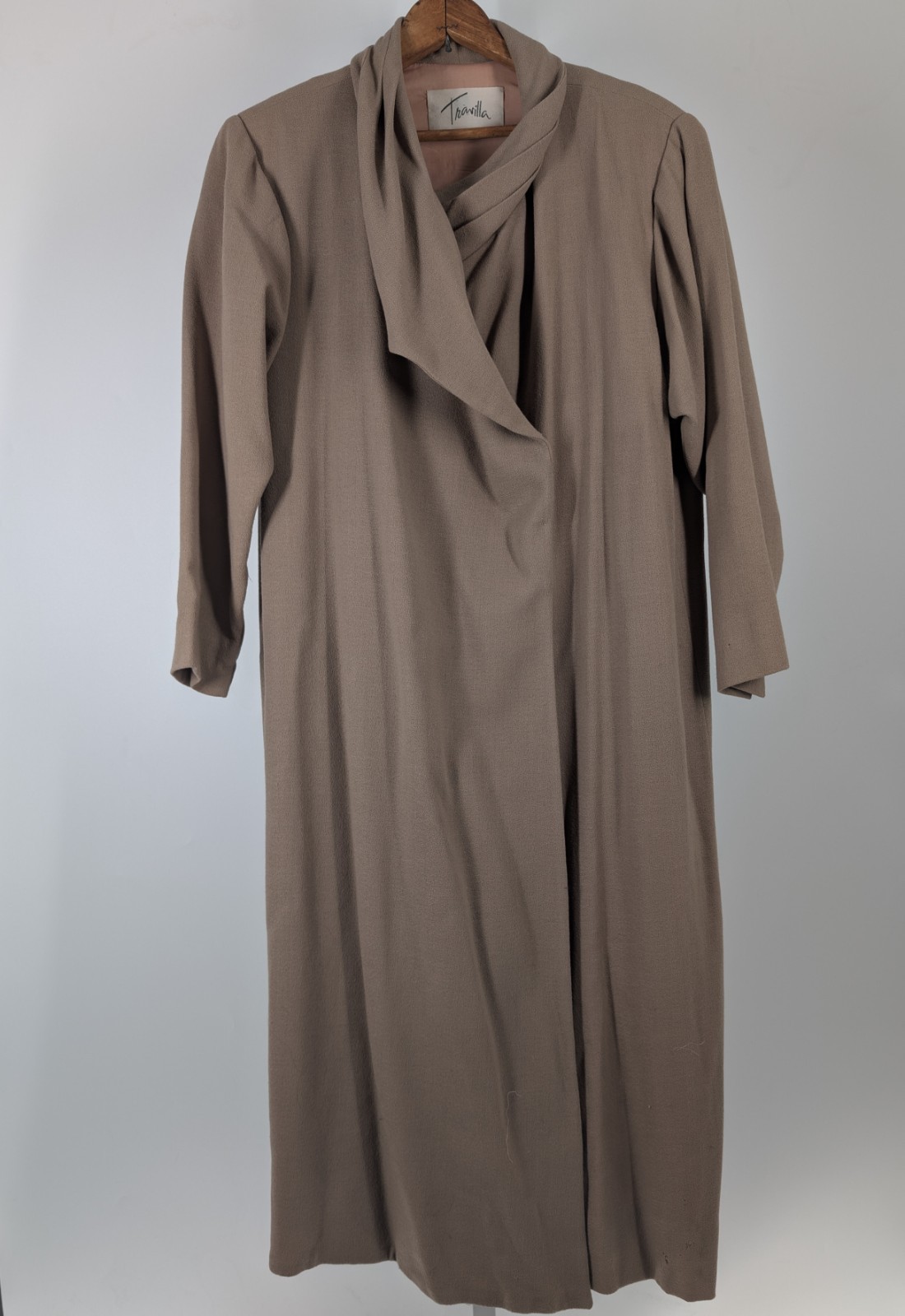 Bill Travilla Vintage 70s Crepe Beige Wrap Asymmetric Dress Hollywood USA Sz 14