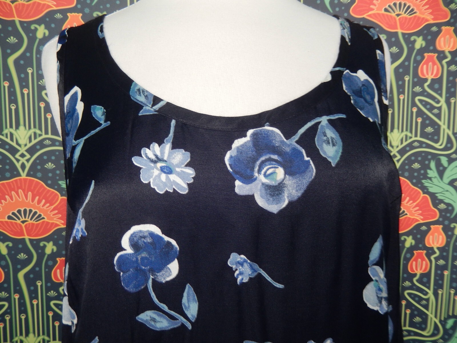Vintage 90’s Y2K Navy Blue Floral Grunge Satin Maxi Sleeveless Dress