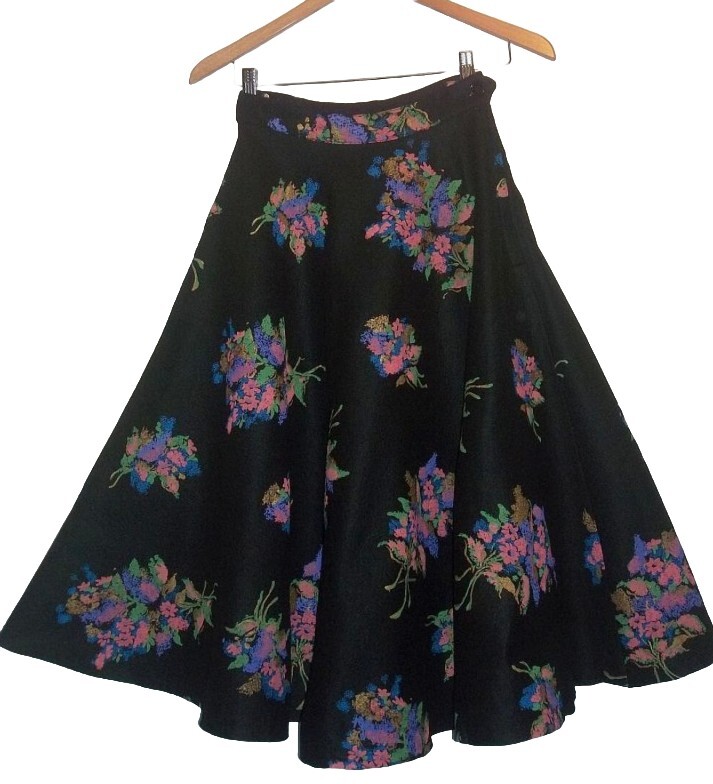 Vintage 50s Black Felted Wool Screen Print Floral Swingy Full Circle Skirt W25