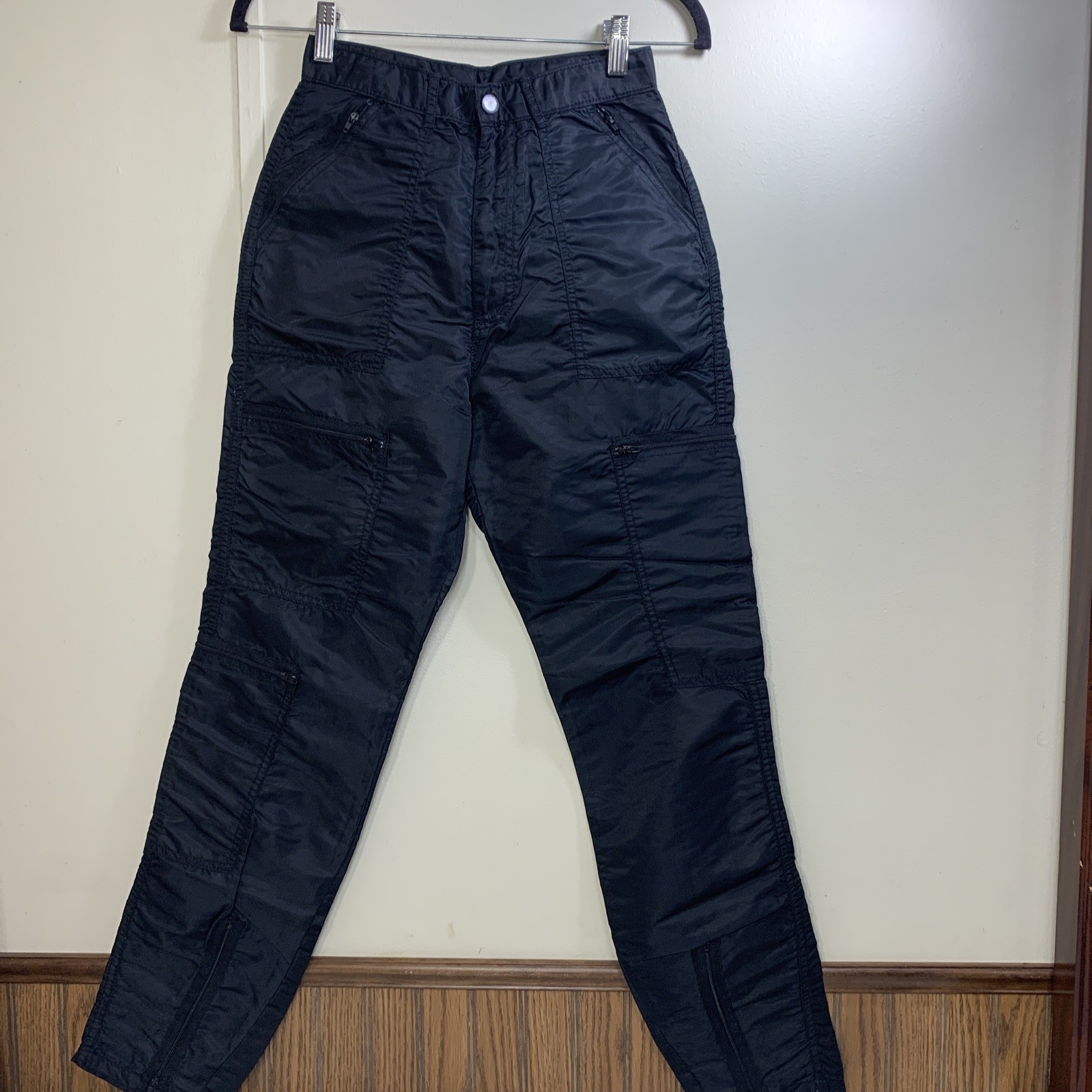 Iconic 80’s Black Parachute Pants Nylon Cargo 6 Pockets Zip Leg Size 7-8