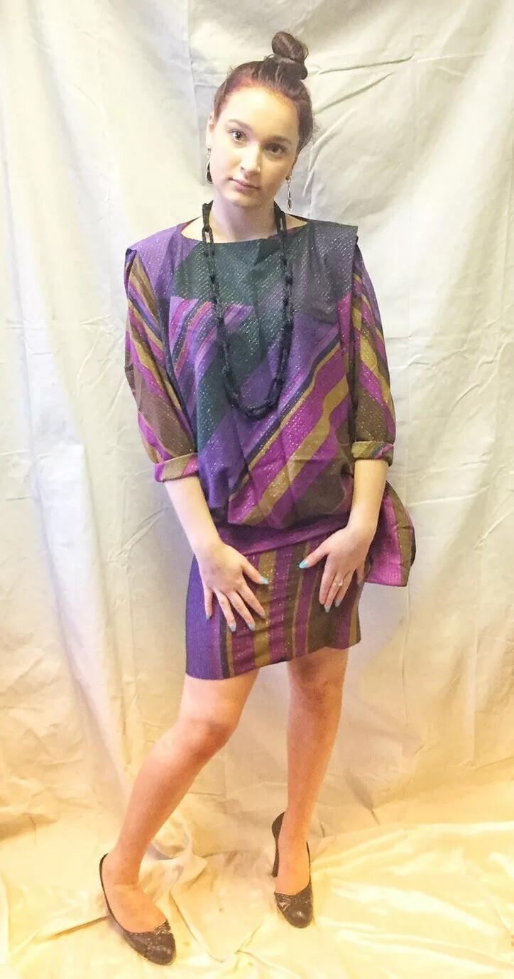 Vintage 2 Pc Skirt Set Drop Waist Top Purple W/ Metallic Threading Dolman Sl Sm