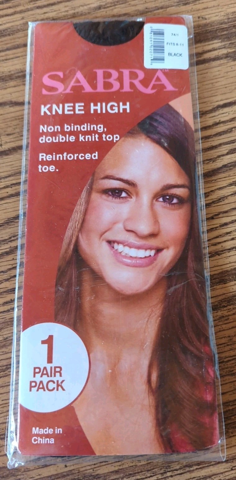 New NIP Vintage Pantyhose Sabra Knee Highs Color Black Fits 8-11 Reinforced Toe