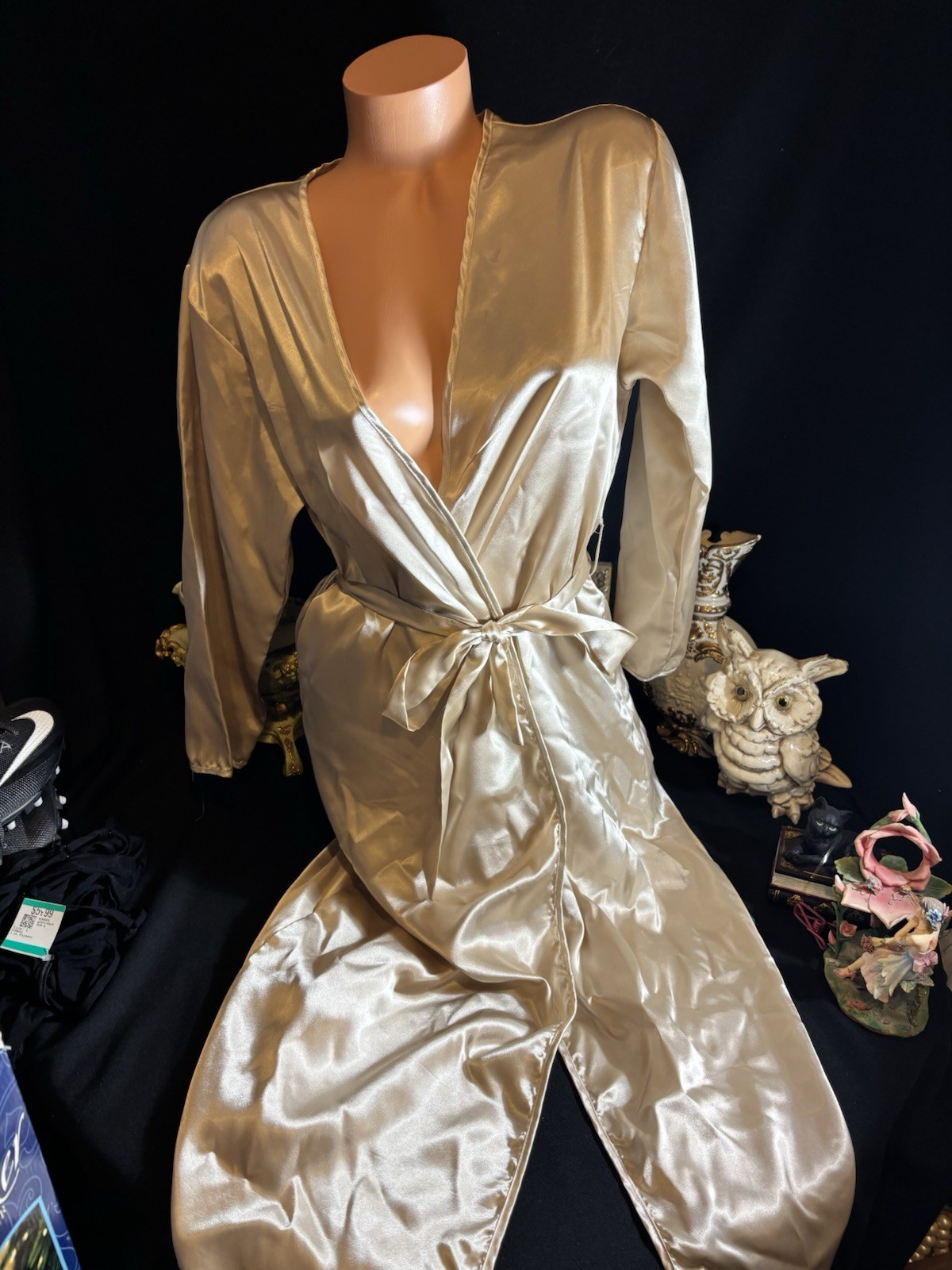 Vtg Soft Satin Nightie Long Dressing gown Soft Nightie Frilly Dress Robe Gold